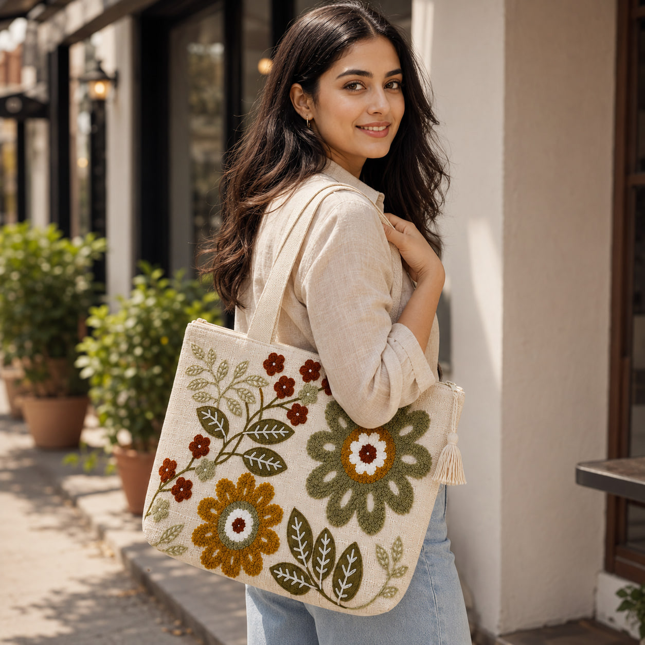 Woman wearing embroidered layered floral tote bag outdoors on street