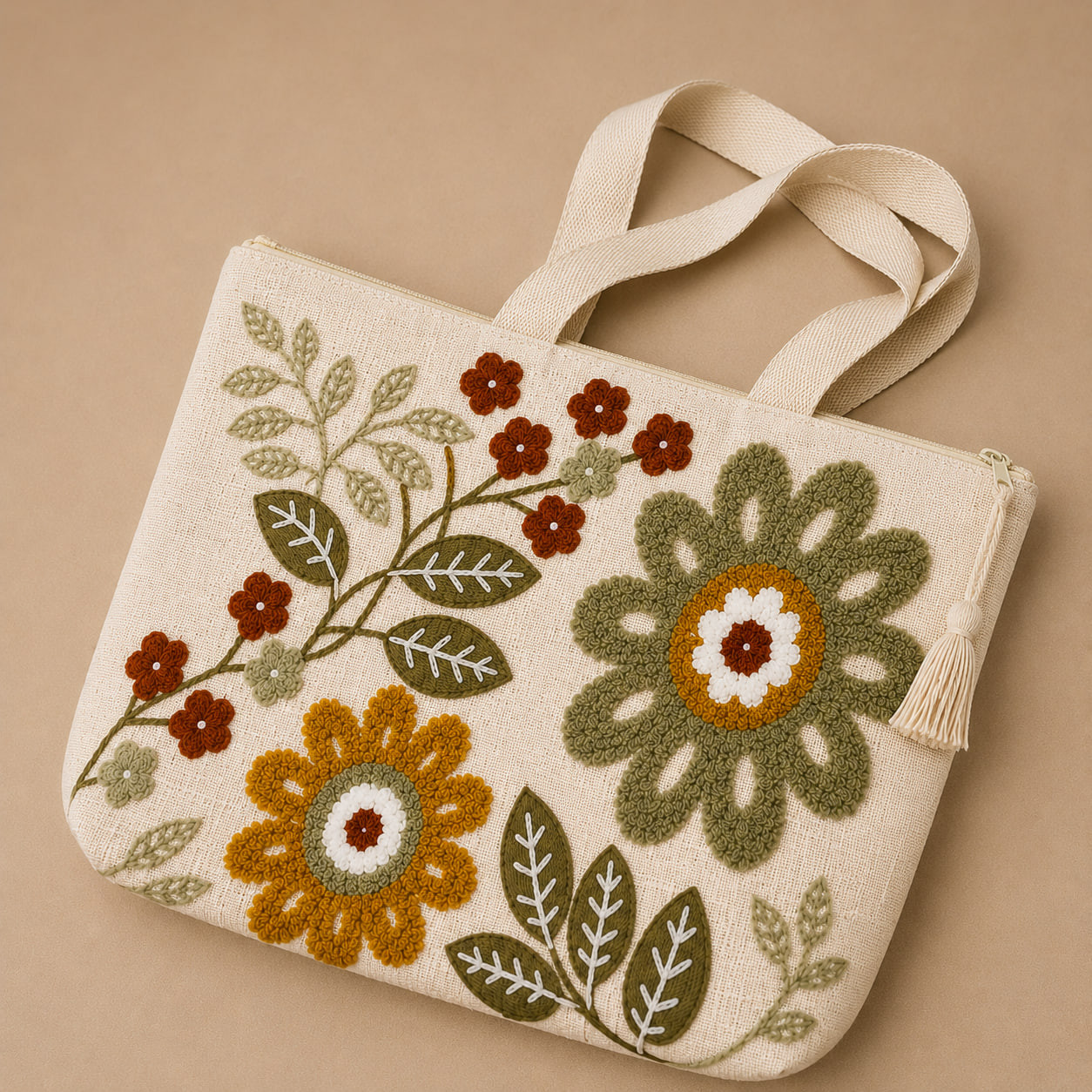 Close-up angle of embroidered layered floral tote bag showing tassel zip pull