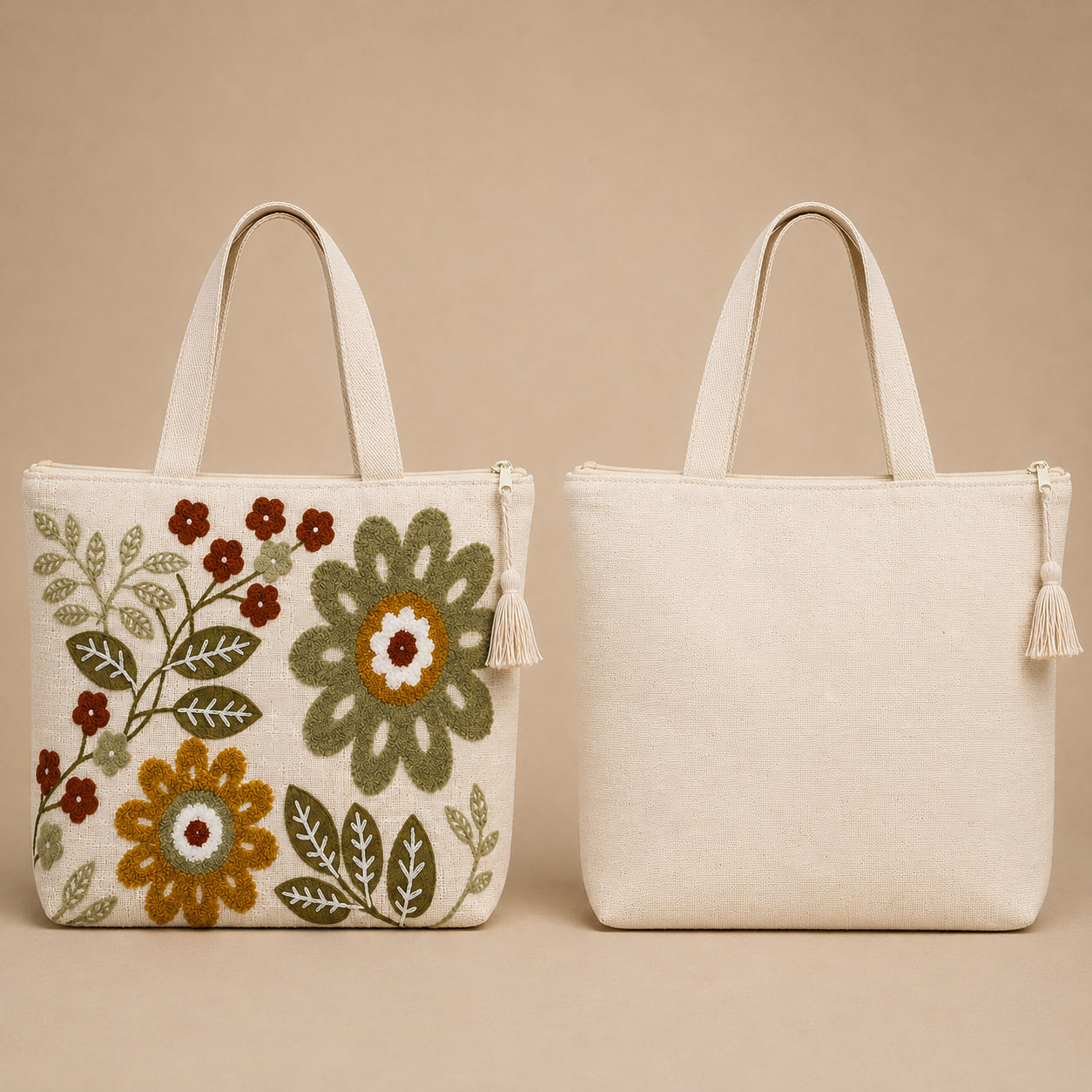 Front and back view of embroidered layered floral cotton linen tote bag