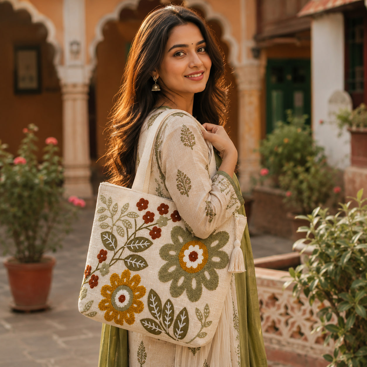 Woman carrying embroidered layered floral tote bag in traditional courtyard
