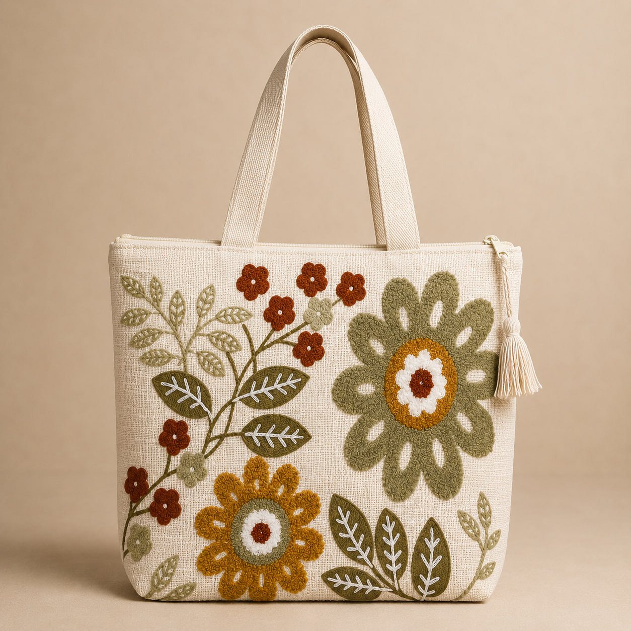 Embroidered layered floral tote bag with sage green and mustard flowers