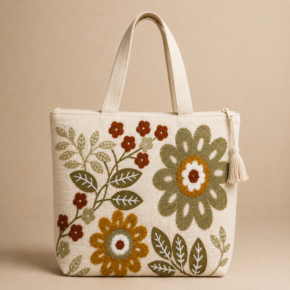 Image of Embroidered Layered Floral Cotton Linen Tote Bag