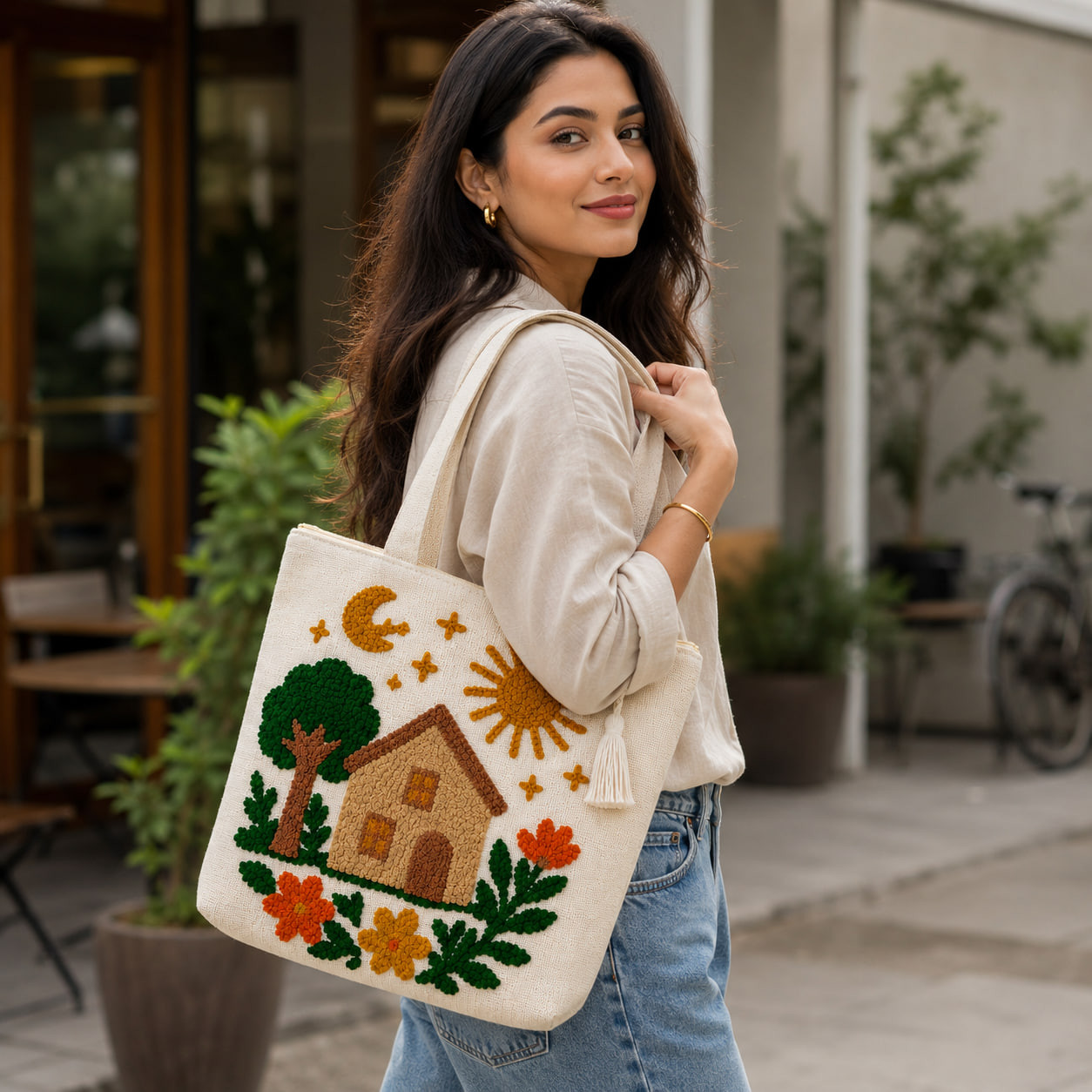 Woman wearing embroidered cottage scene tote bag outdoors on street