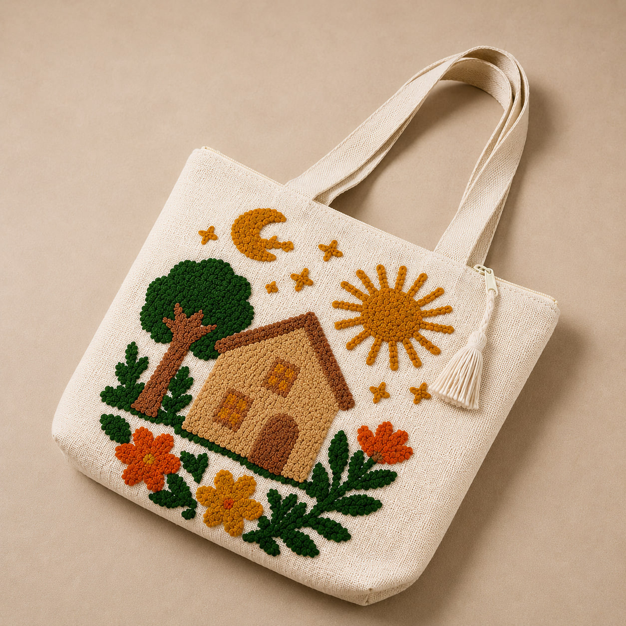 Close-up angle of embroidered cottage scene tote bag showing tassel zip pull
