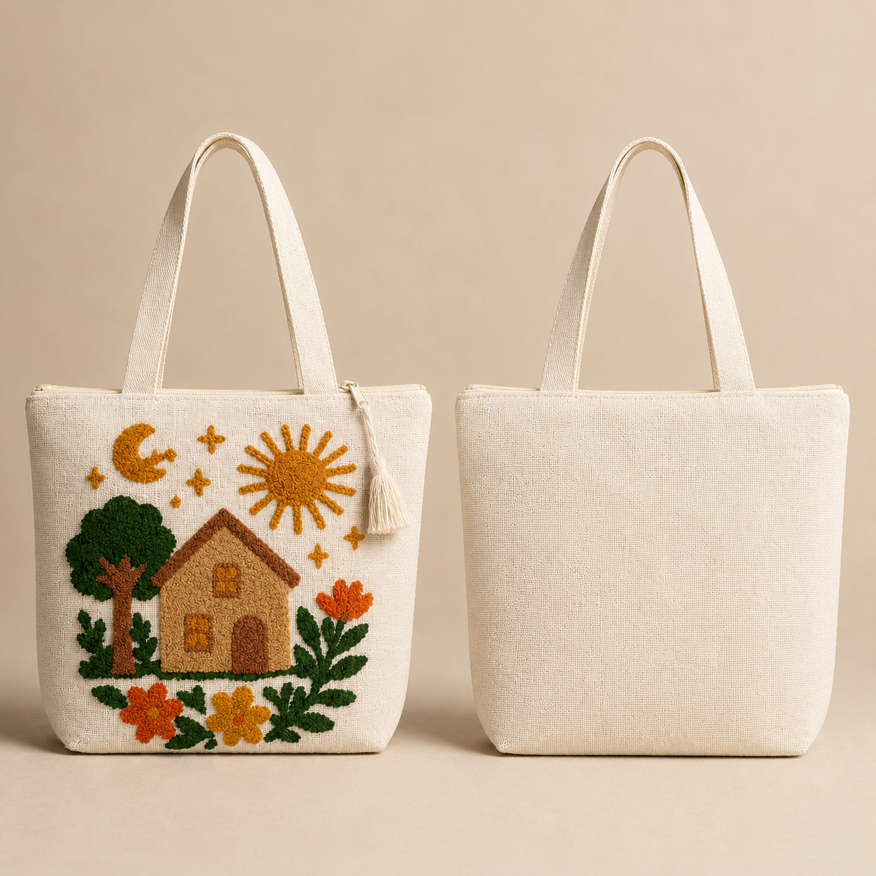 Front and back view of embroidered cottage scene cotton linen tote bag