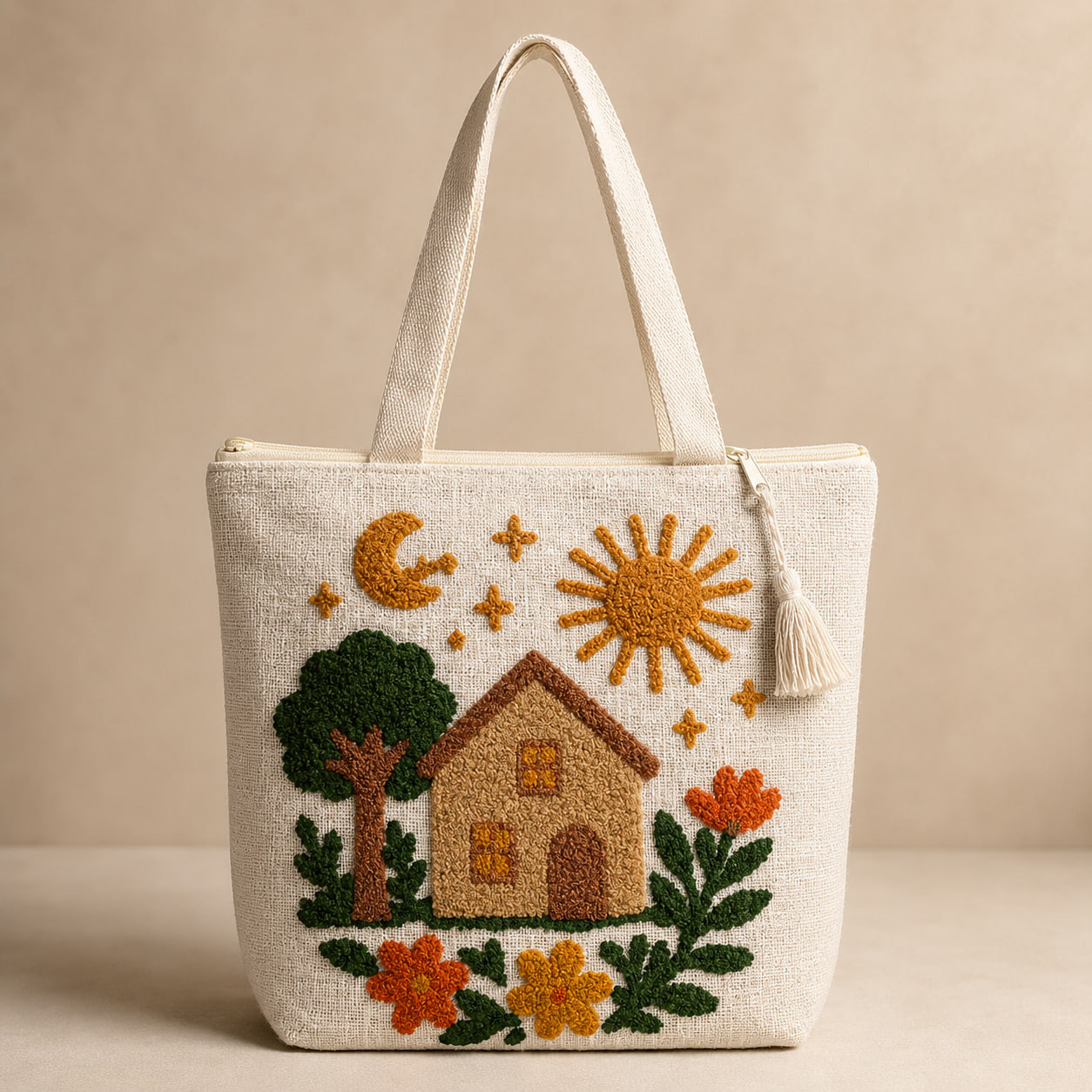 Embroidered cottage scene tote bag with house tree sun and moon design