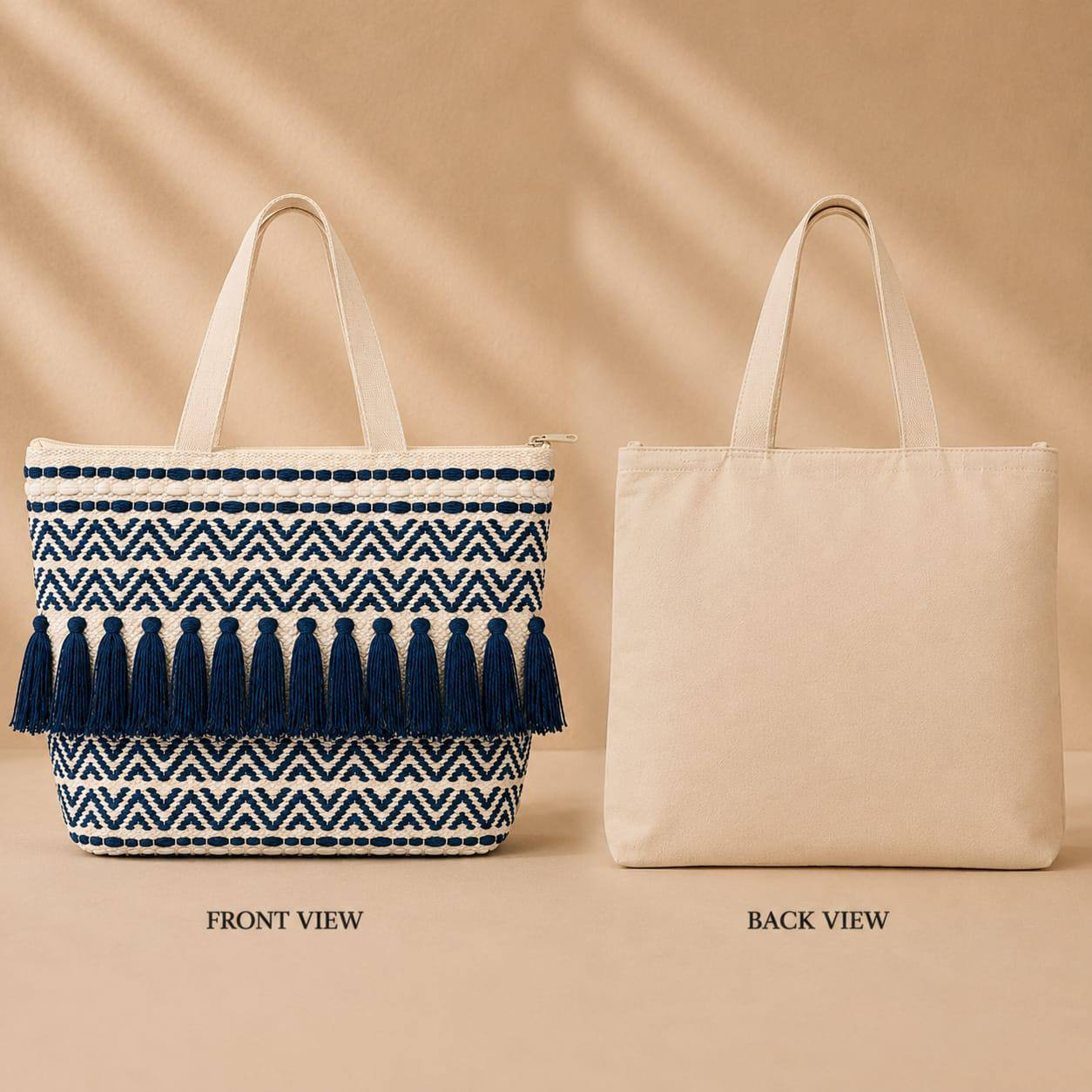 Front and back view of boho woven chevron fringe tote bag