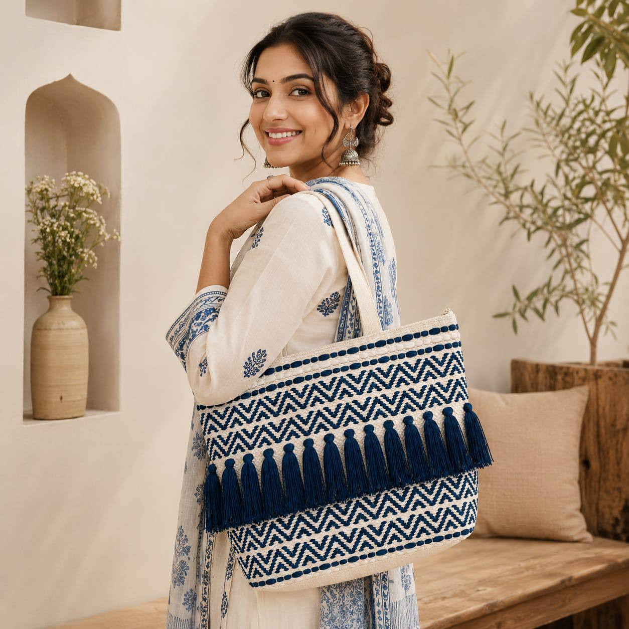 Woman carrying boho woven chevron fringe tote bag indoors