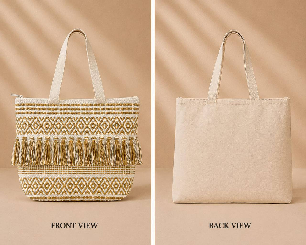 Front and back view of boho woven diamond fringe tote bag