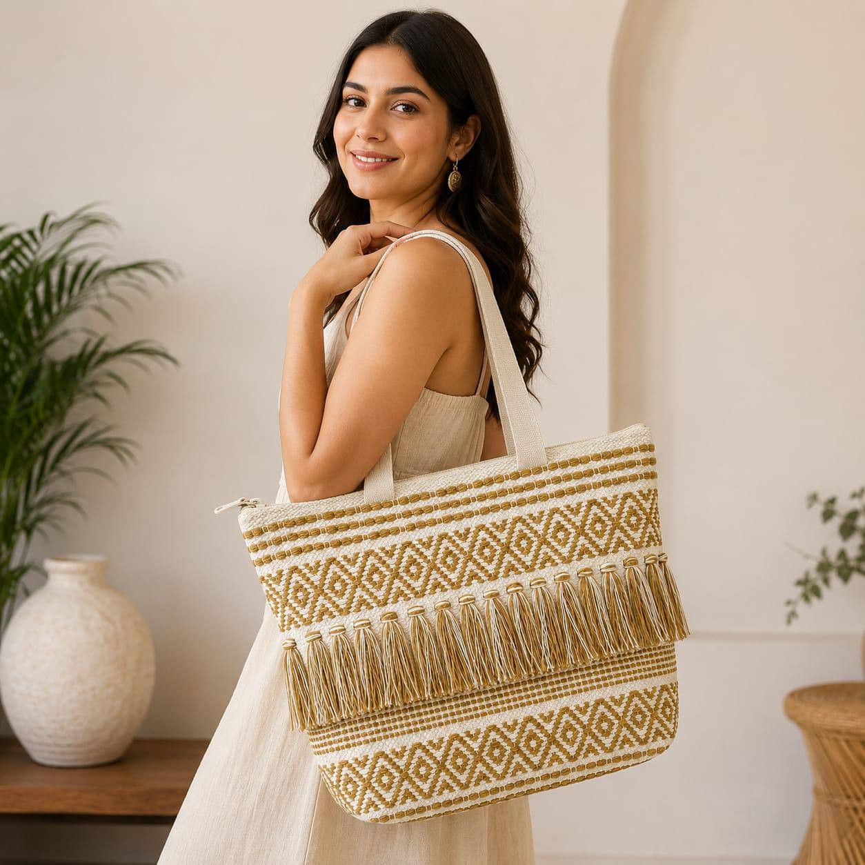 Woman carrying boho woven diamond fringe tote bag indoors