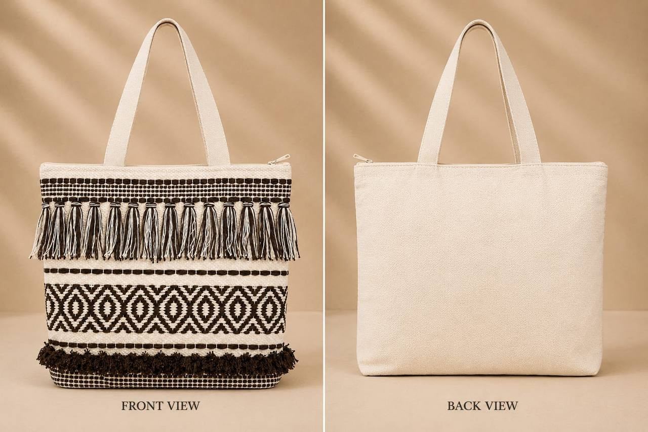 Brown boho tote bag front and back view