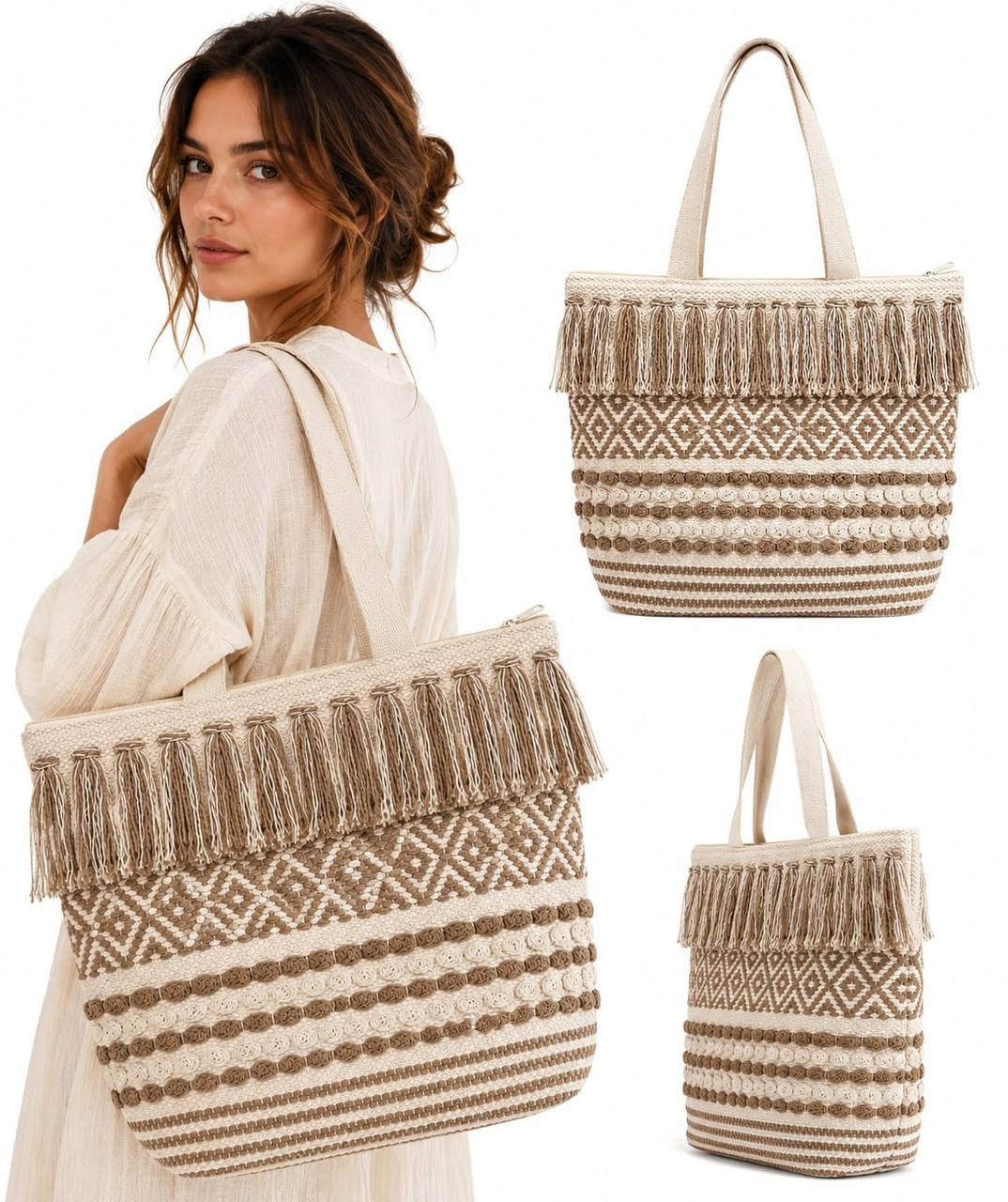 Woman carrying boho woven diamond fringe tote bag outdoors
