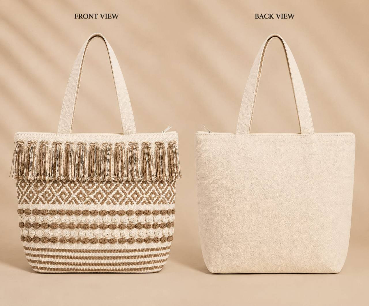 Front and back view of boho woven diamond fringe tote bag