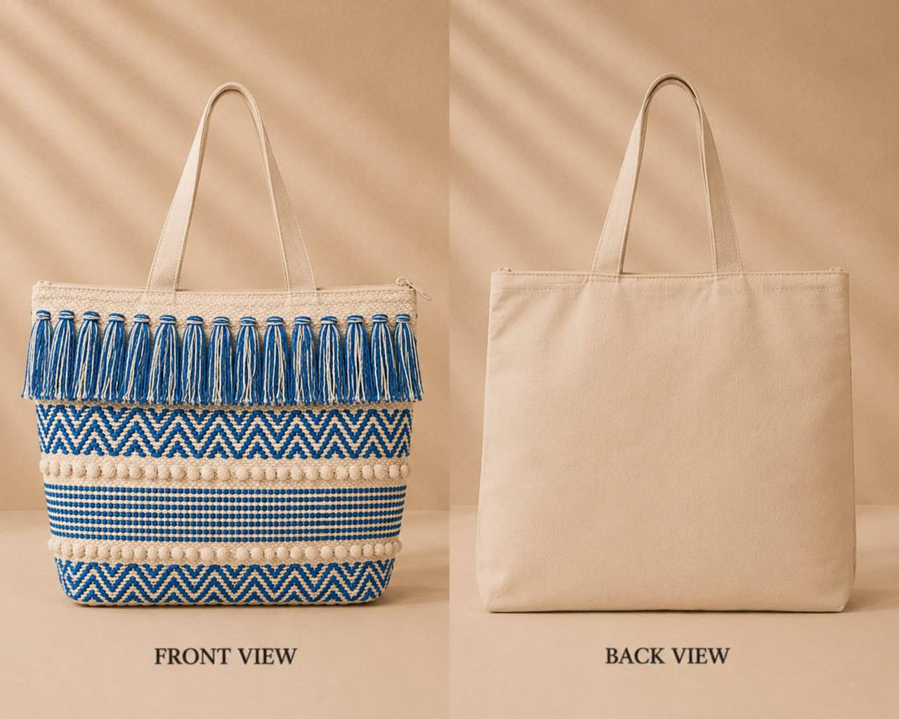 Boho woven chevron tassel tote bag 16x16 inch front and back view