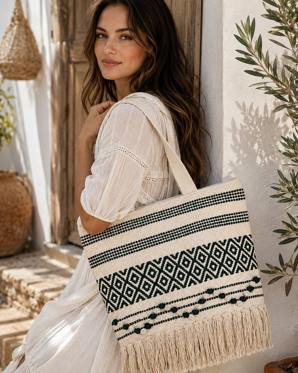 Woman carrying boho woven diamond tassel tote bag on shoulder