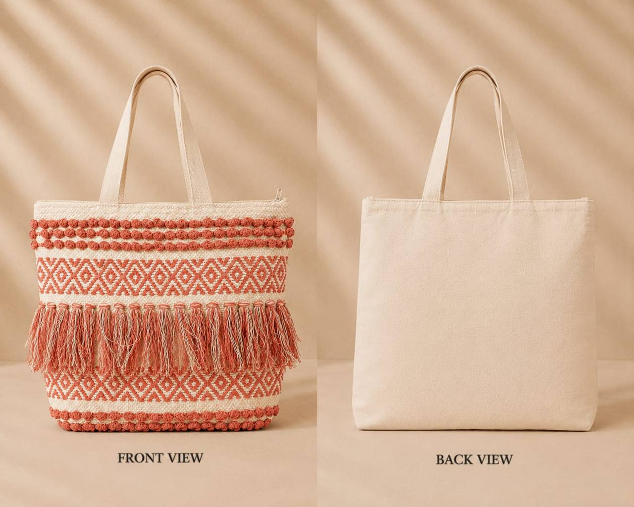 Boho woven diamond pom-pom tassel tote bag 16x16 inch front and back view