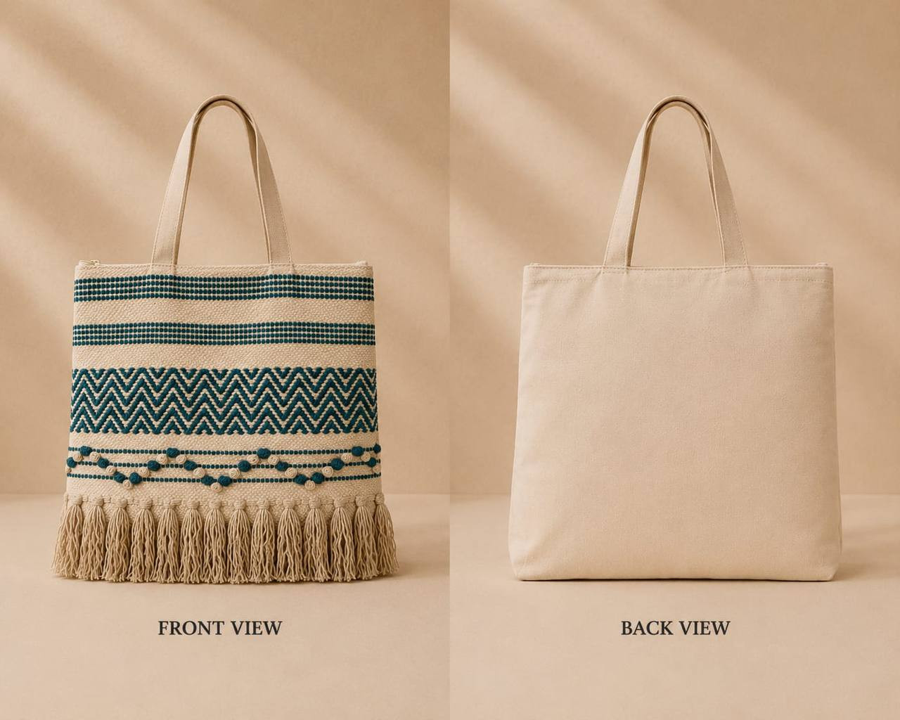 Boho woven teal chevron tassel tote bag 16x16 inch front and back view