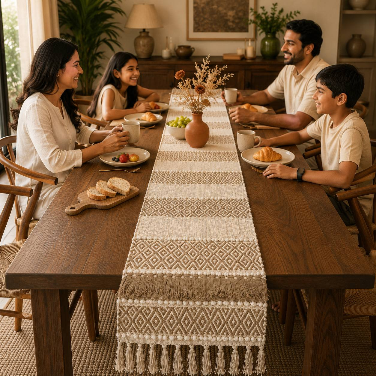 Family enjoying breakfast at table styled with ivory taupe boho diamond weave runner
