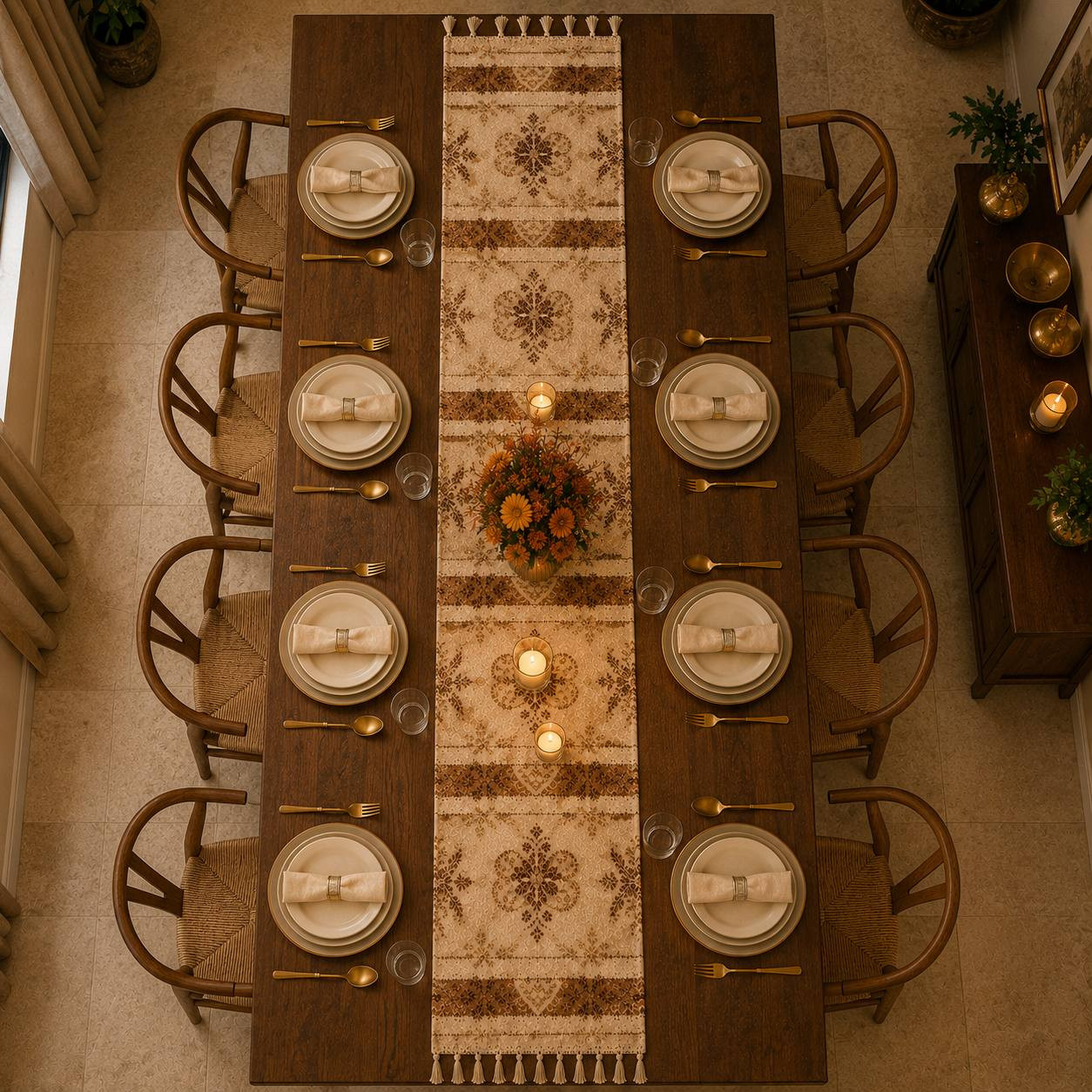 Overhead view of dining table with printed floral medallion runner and formal place settings