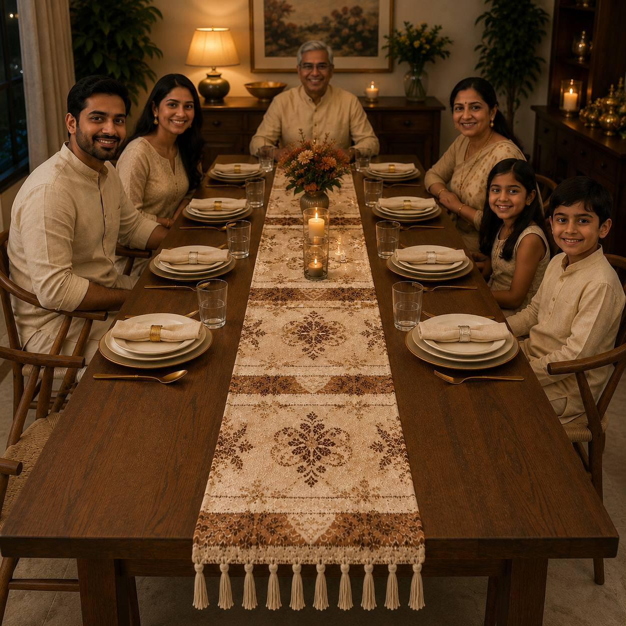 Family gathered at dining table styled with beige brown printed floral medallion runner