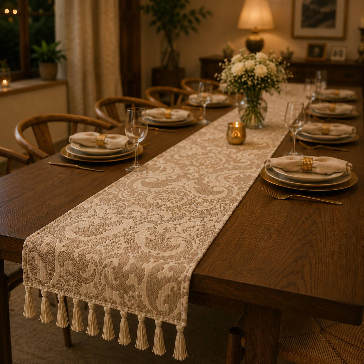 Close-up of ivory beige damask print table runner with tassel fringe on elegant dining table