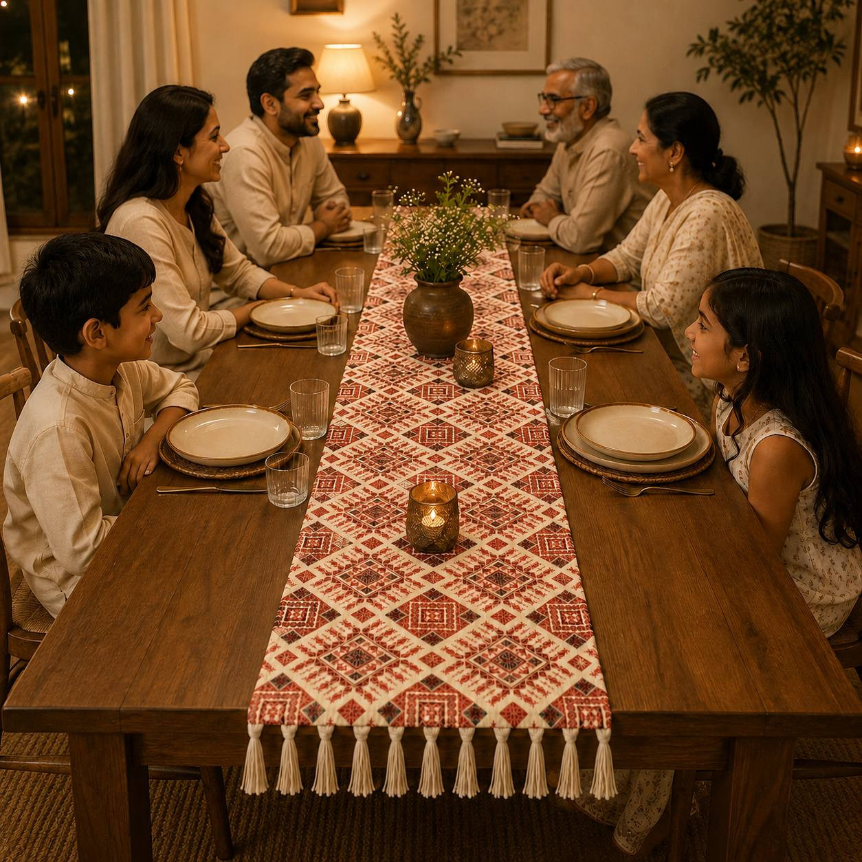 Family gathered at dining table styled with red ivory printed diamond table runner