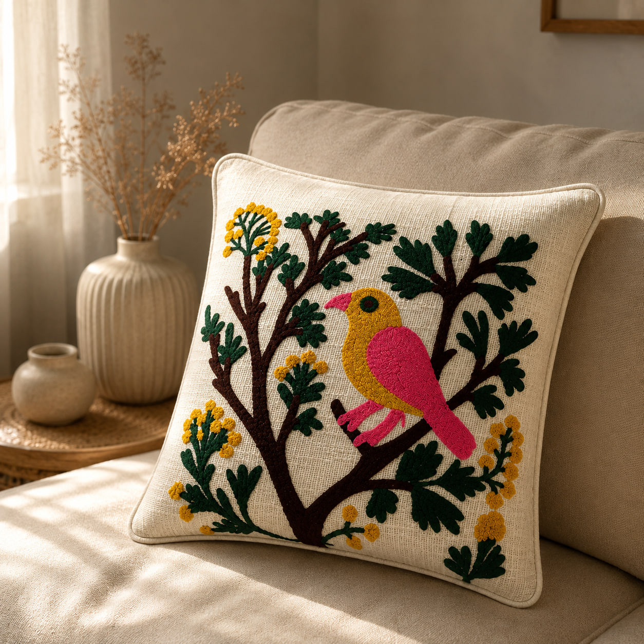 Pink and yellow bird embroidery cushion cover on sofa corner