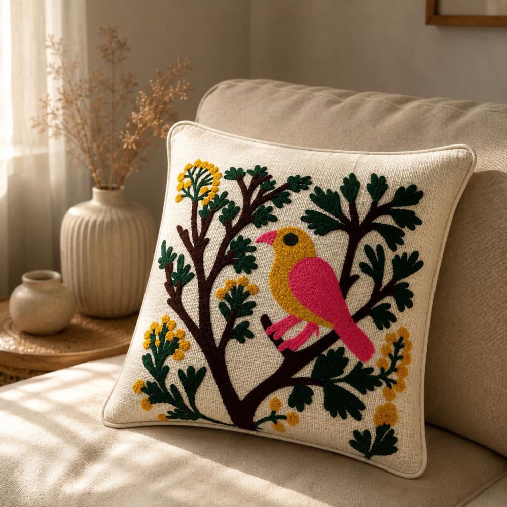 Image of Hand Embroidered Bird &amp; Branch Cushion Cover – Ivory Cotton | 16*16 Inch