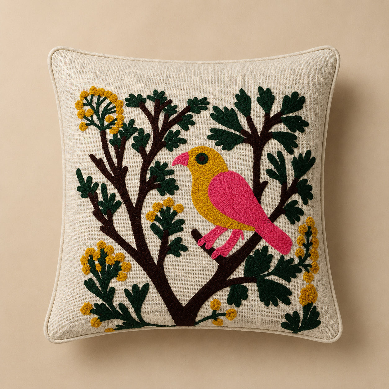 Hand embroidered bird and branch cushion cover on ivory cotton
