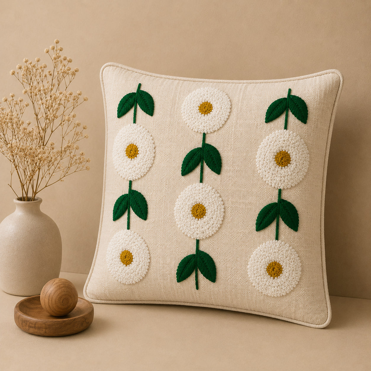 Ivory cushion cover with white daisy punch embroidery styled with vase