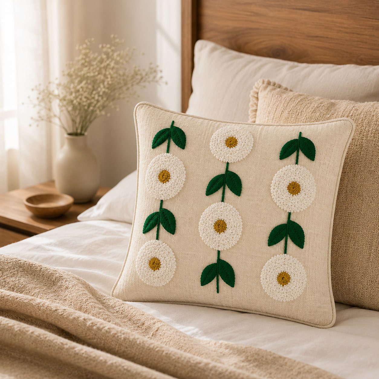 Daisy embroidered cushion cover on bed with wood headboard lifestyle shot