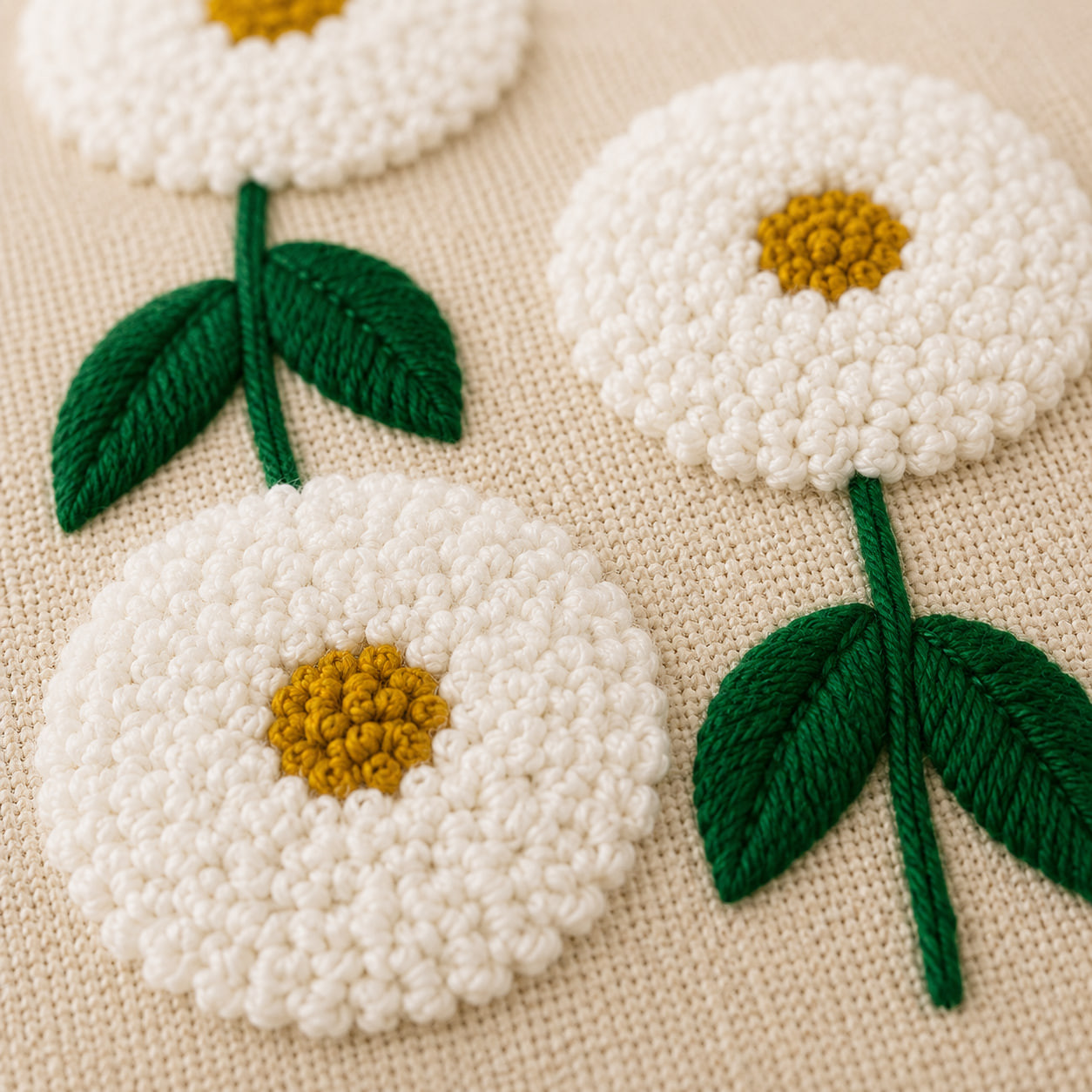 Close-up of raised white daisy embroidery with green leaf stitching