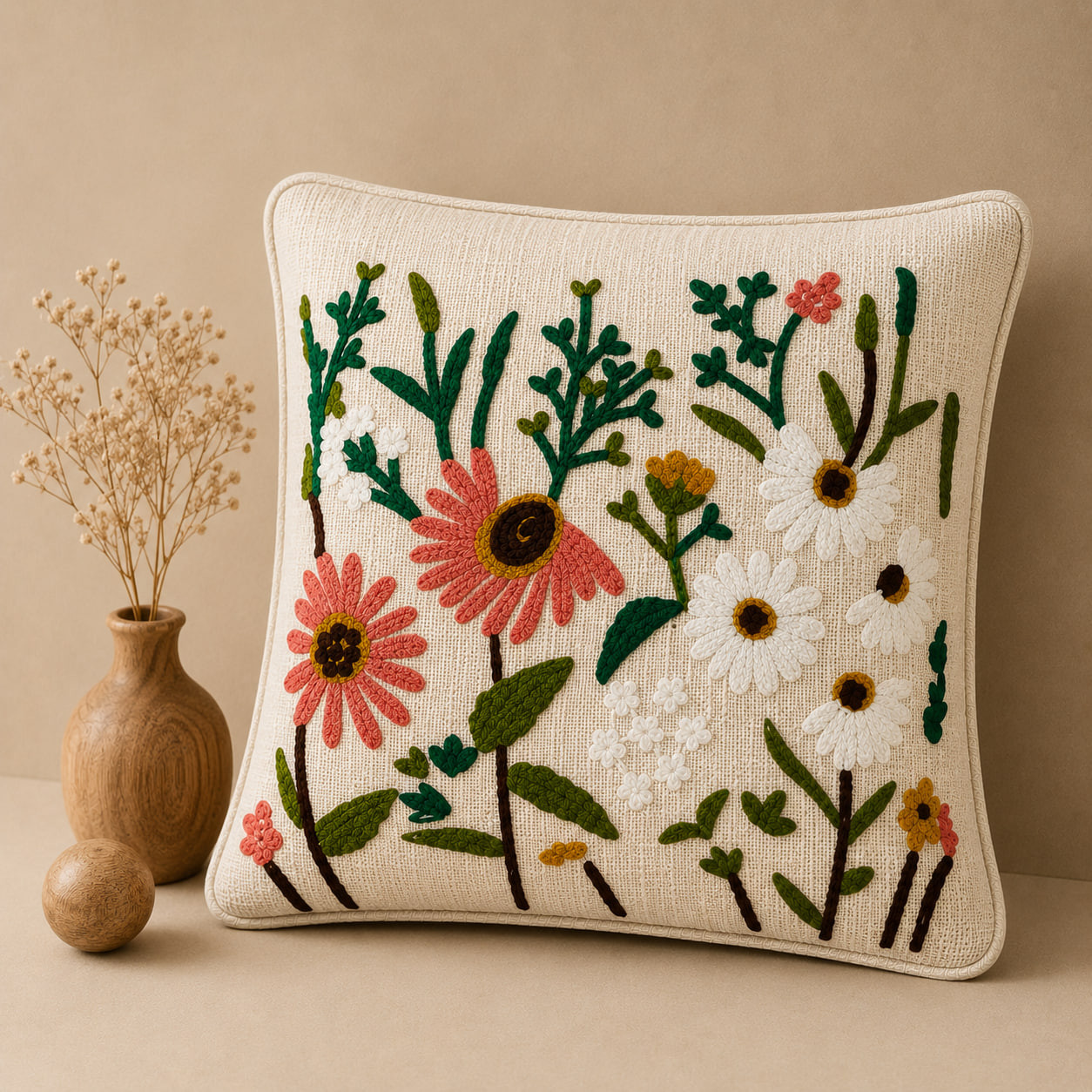 Cream embroidered floral cushion cover placed beside a wooden vase on beige backdrop