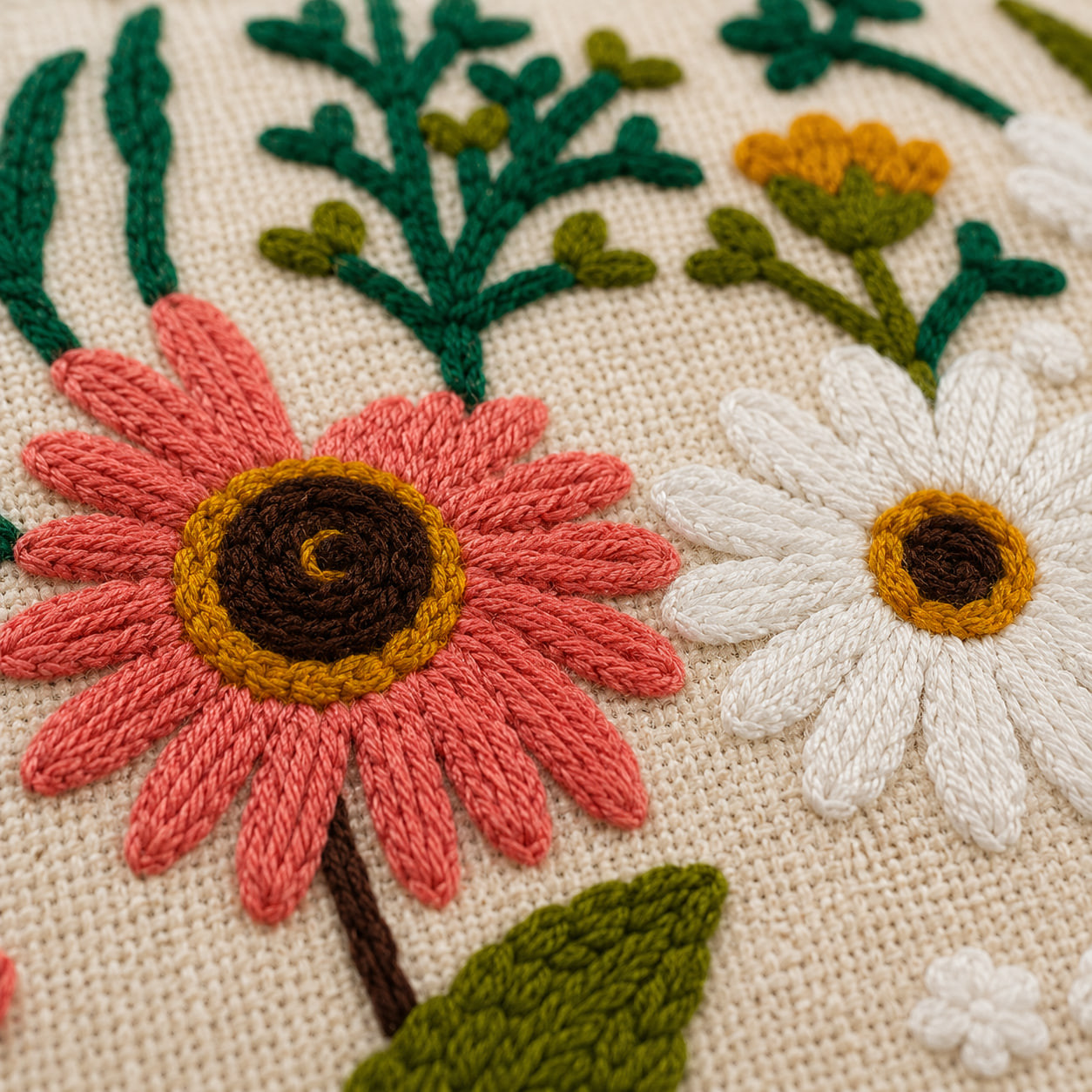 Close-up of hand-embroidered coral daisy and white daisy with brown-gold centre detail