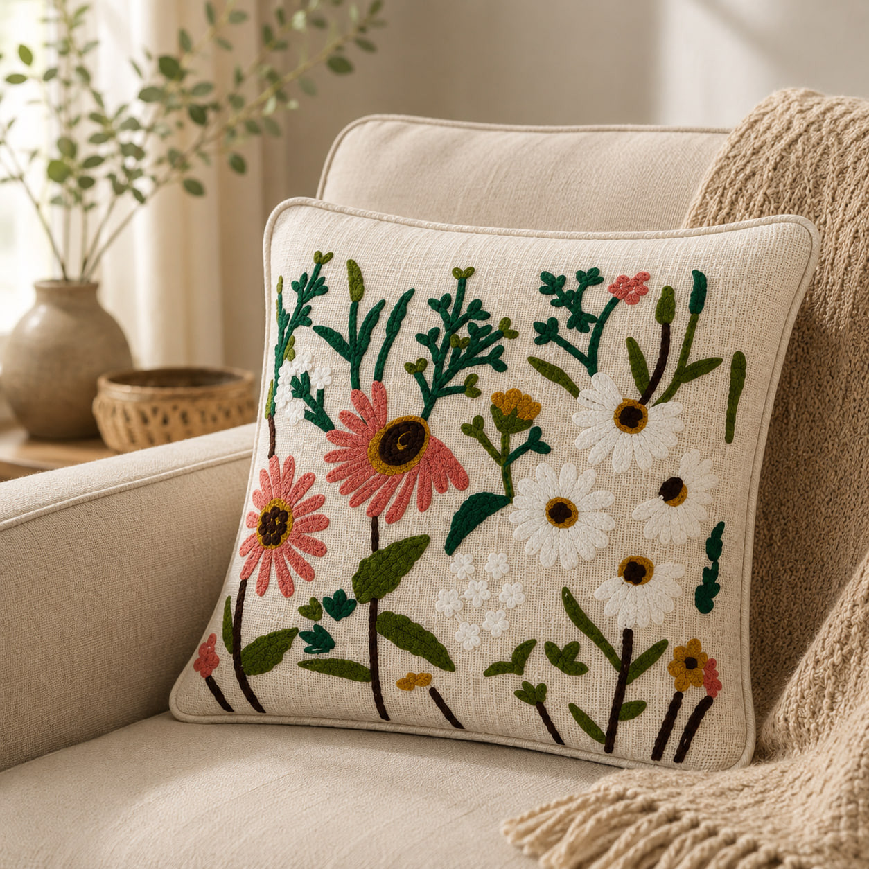 Boho wildflower embroidered cushion cover styled on a beige sofa armchair with woven throw