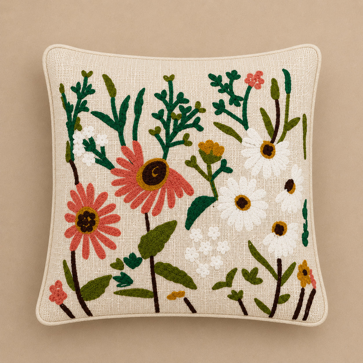 Embroidered floral cushion cover with coral and white daisy design on cream base 16x16 inch