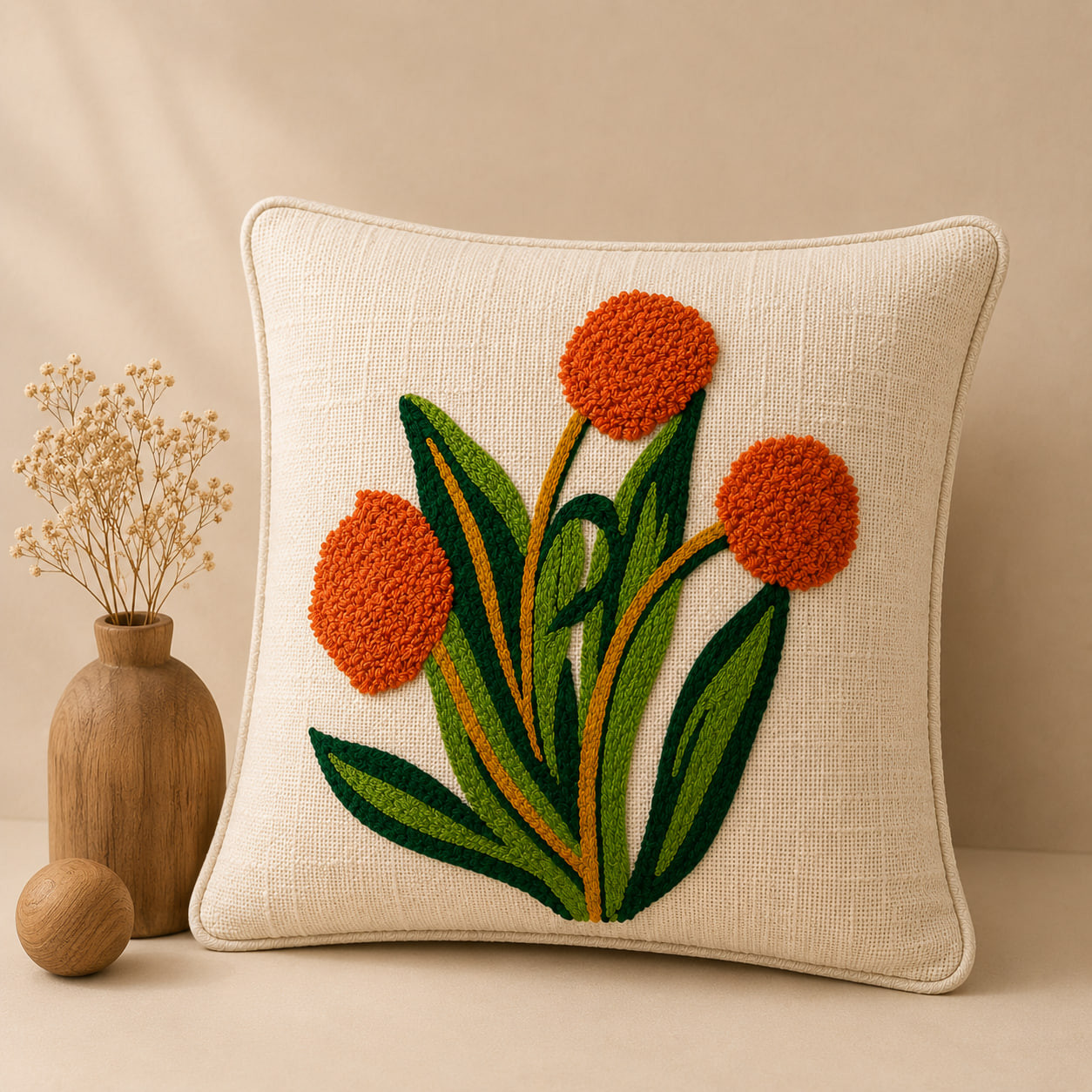 Hand embroidered marigold cushion cover in beige cotton with wooden vase decor