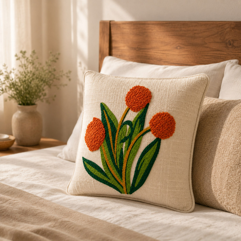 Image of Hand Embroidered Marigold Cushion Cover – Beige Cotton | 16*16 Inch