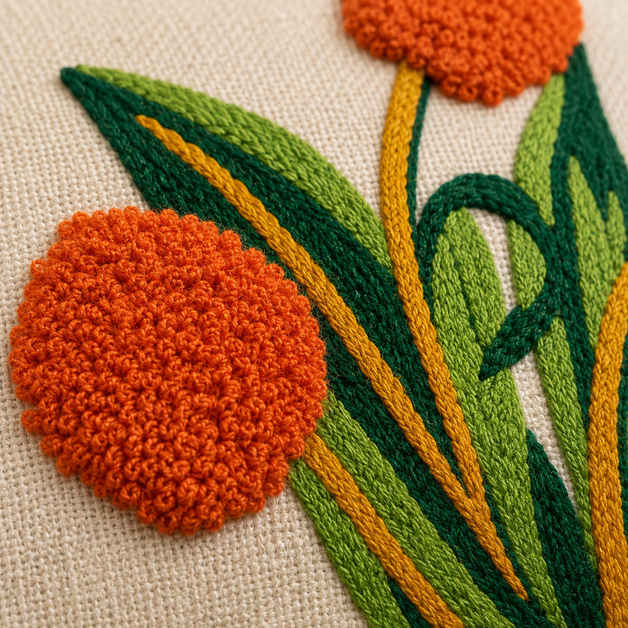 Close-up texture of hand embroidered marigold bloom on cushion cover