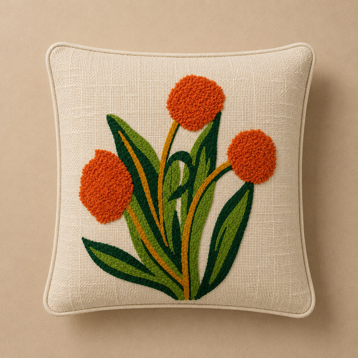 Beige cotton cushion cover with orange marigold and green leaf embroidery