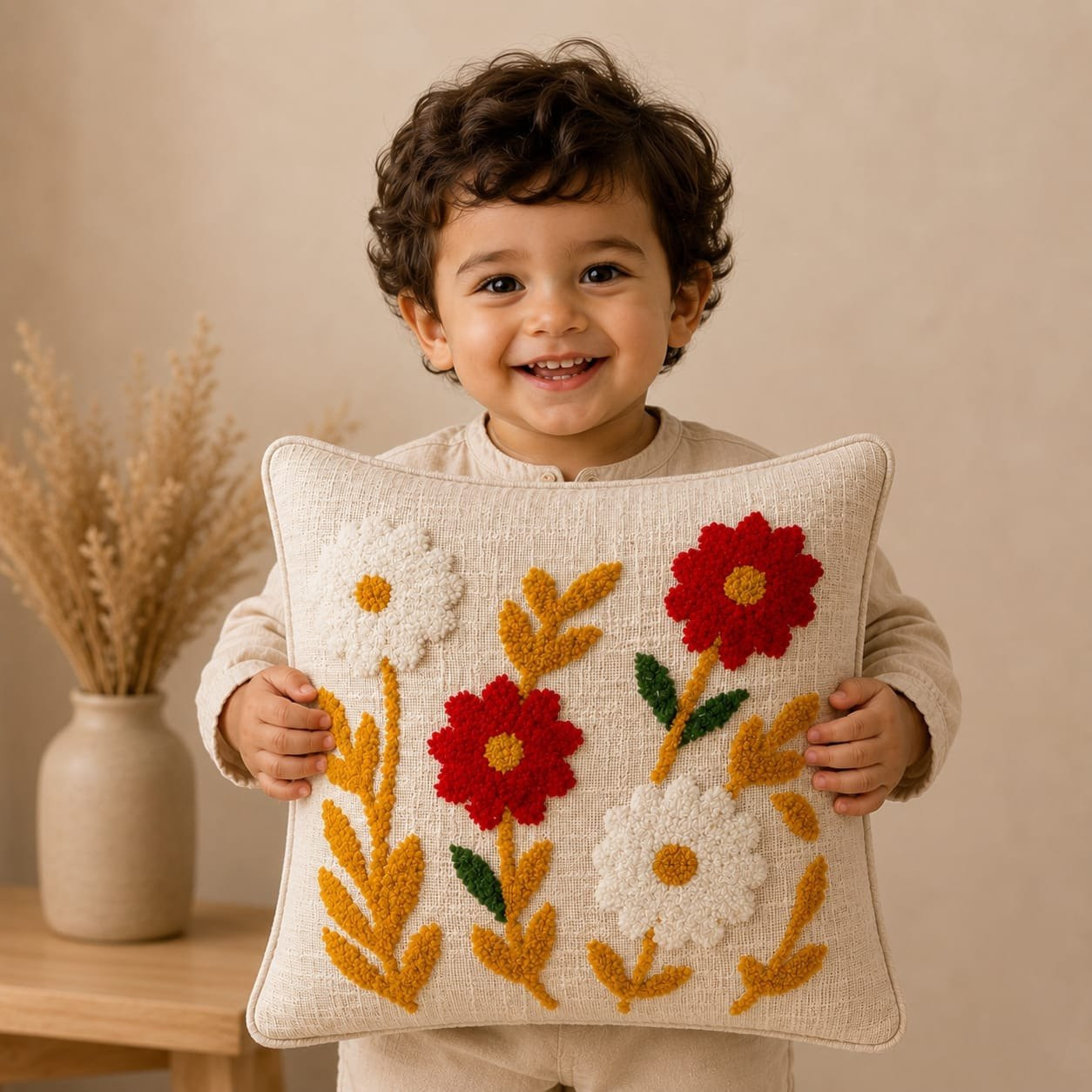 Child holding hand embroidered wildflower cushion cover