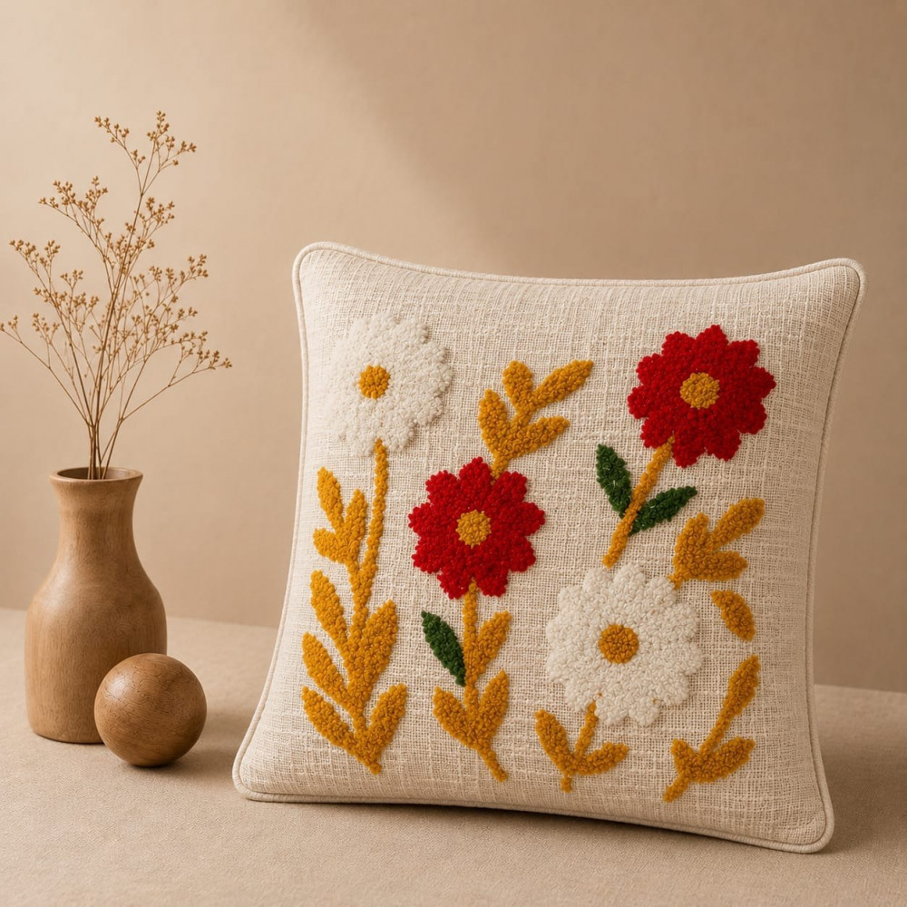 Image of Hand Embroidered Wildflower Cushion Cover – Ivory Cotton | 16*16 Inch