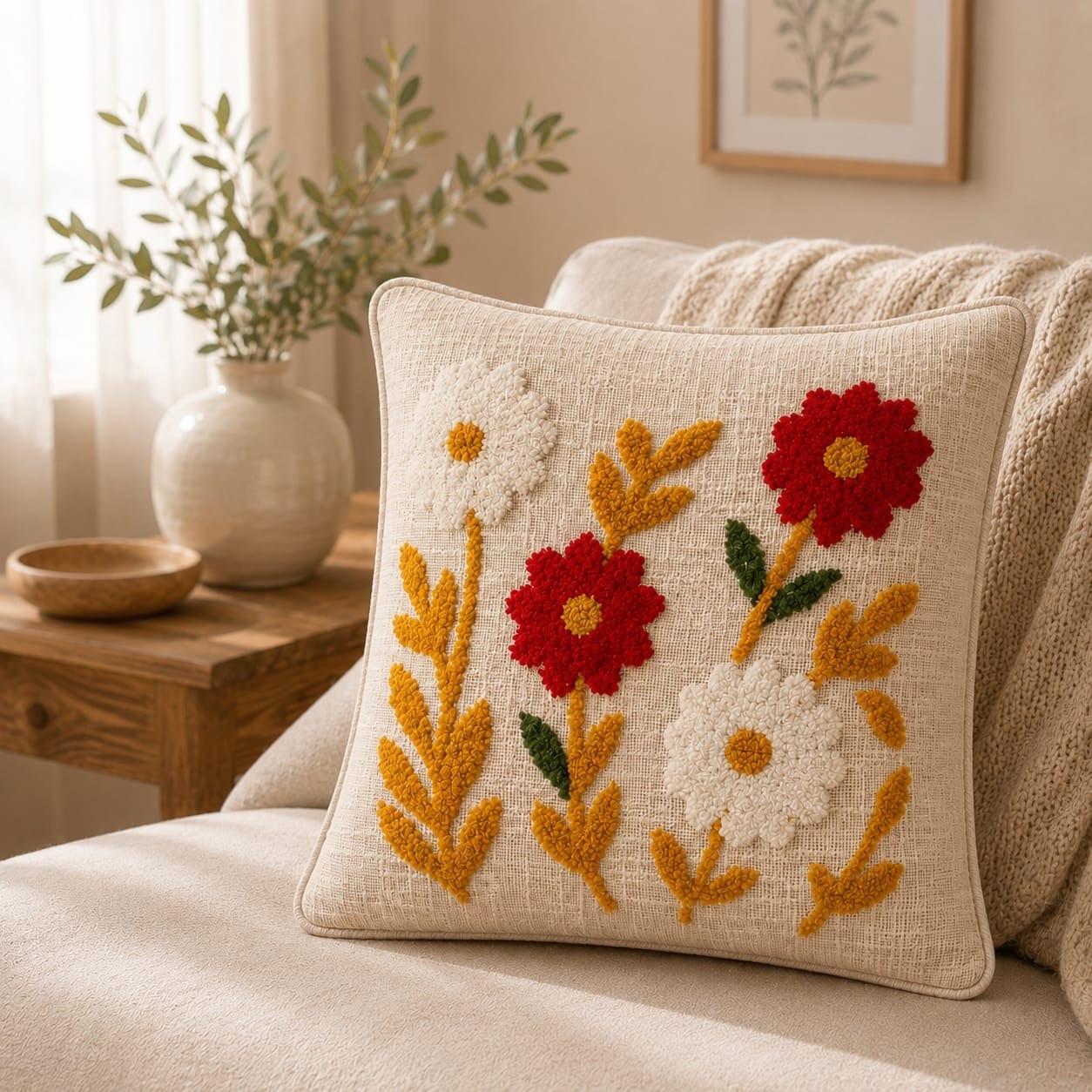 Wildflower embroidered cushion cover styled on beige sofa