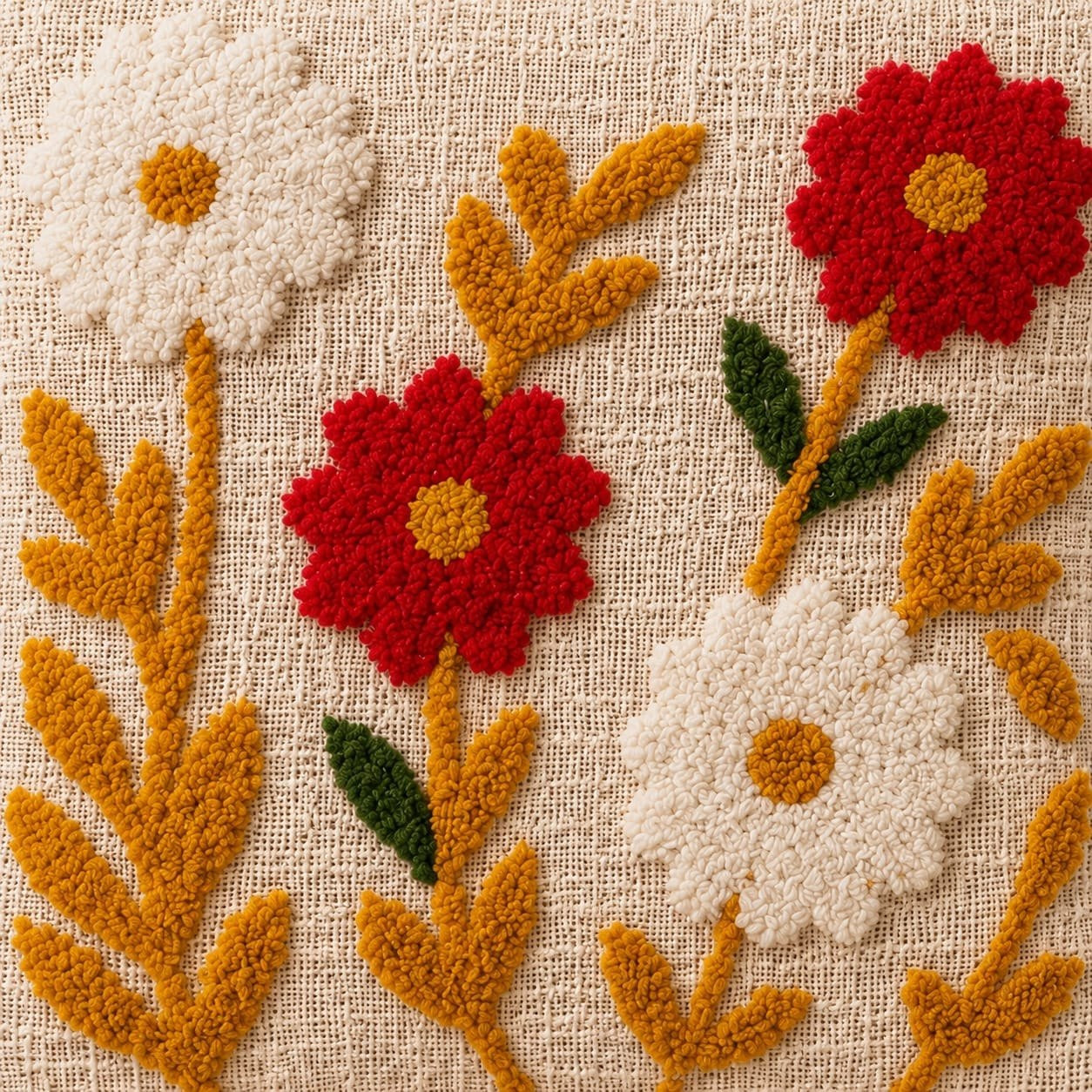Close-up texture of hand embroidered red and white wildflower design