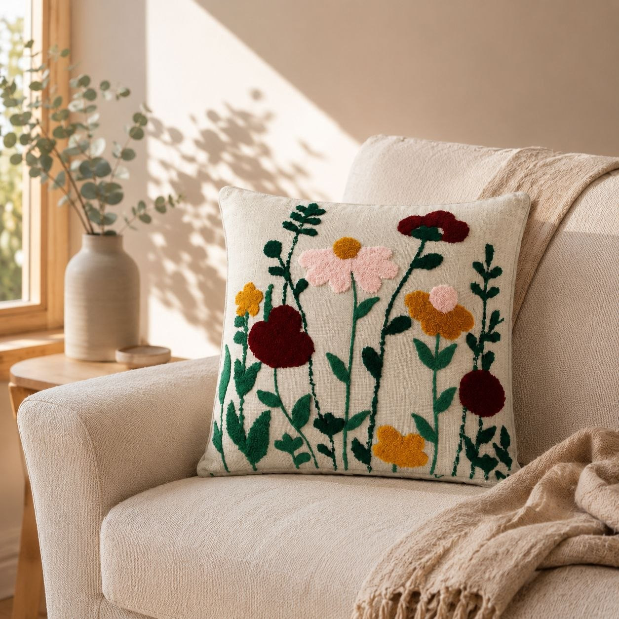 Textured floral cushion cover styled on beige sofa armchair with knit throw