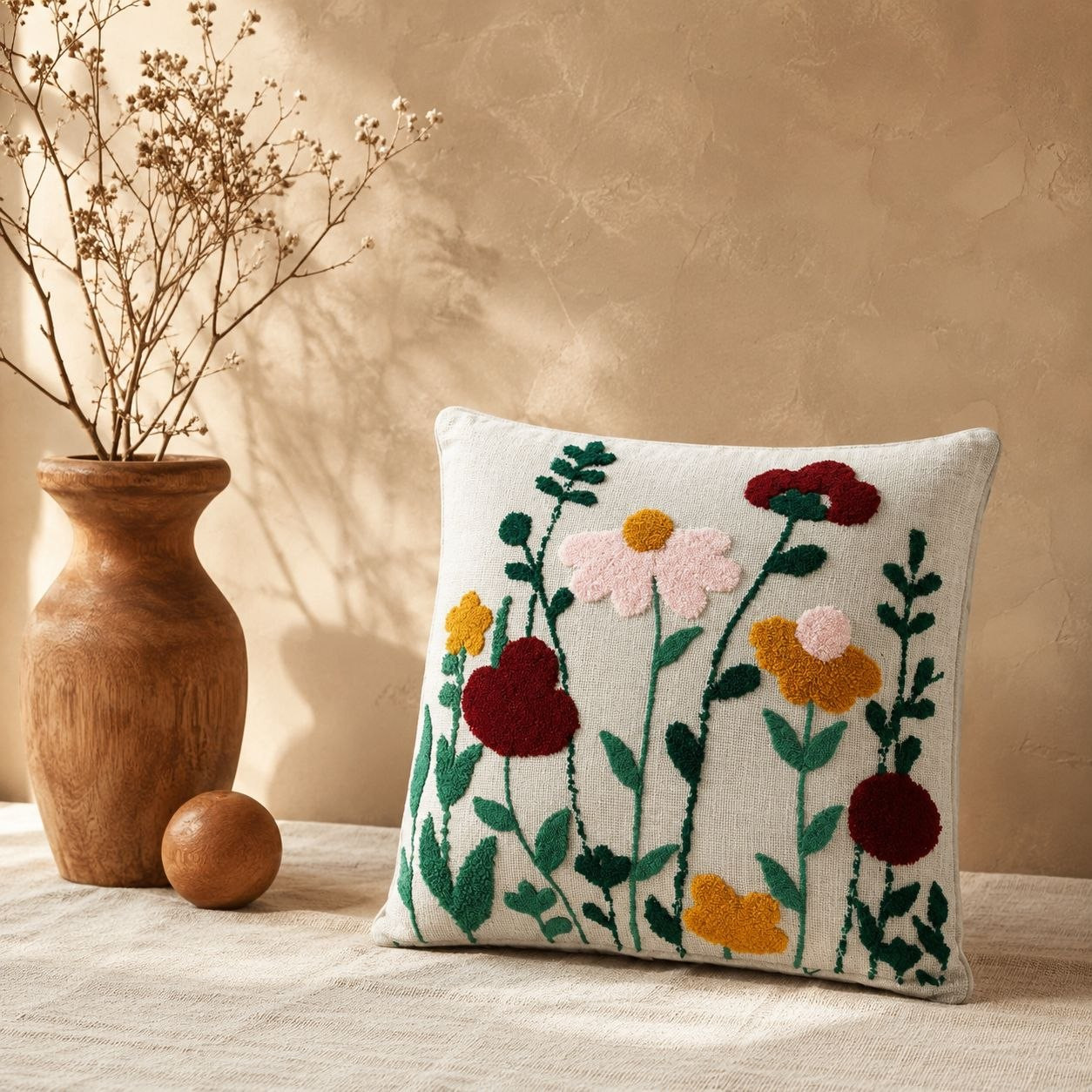 Punch needle wildflower cushion cover with maroon and pink floral design beside wooden vase