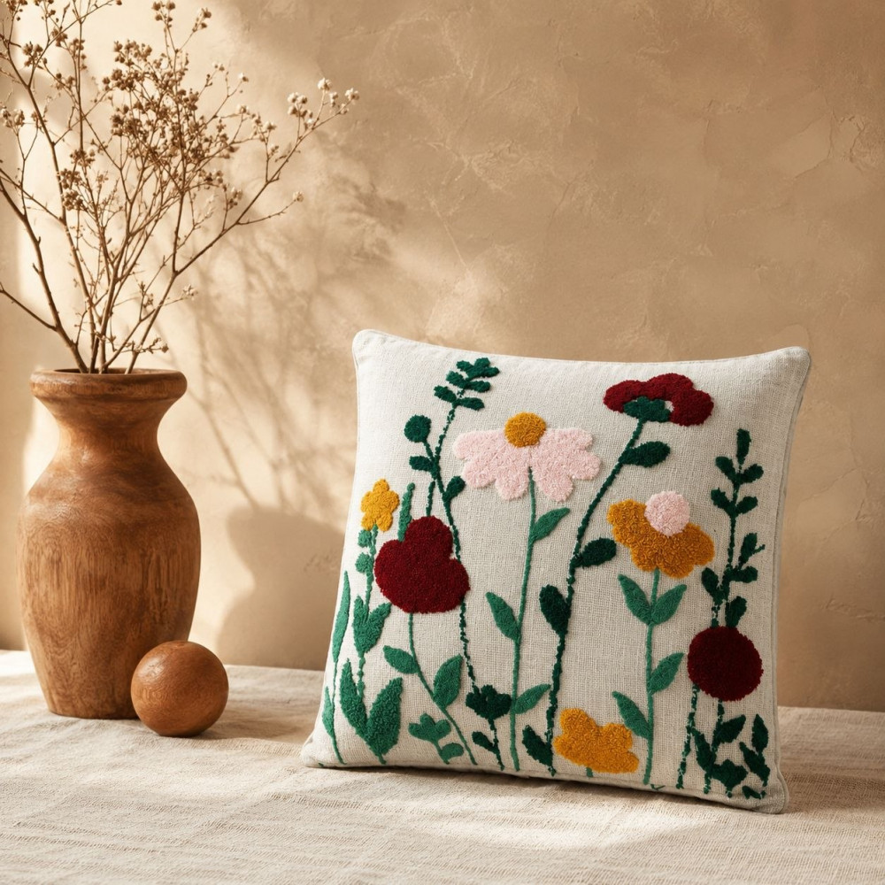 Image of Ivory Cotton Cushion Cover with Raised Punch Embroidery, Wildflower Design, 16x16