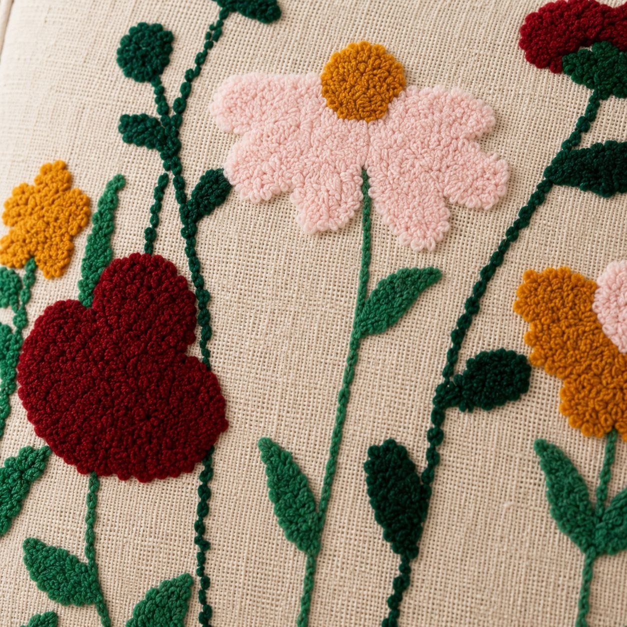 Close-up of raised punch needle embroidery showing pink daisy and maroon poppy detail