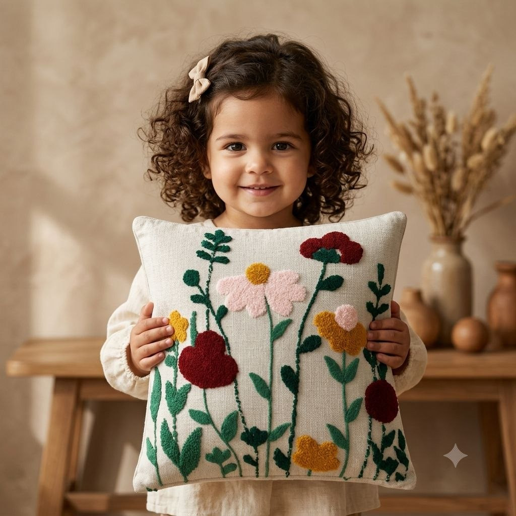 Child holding punch needle wildflower cushion cover with maroon and mustard blooms