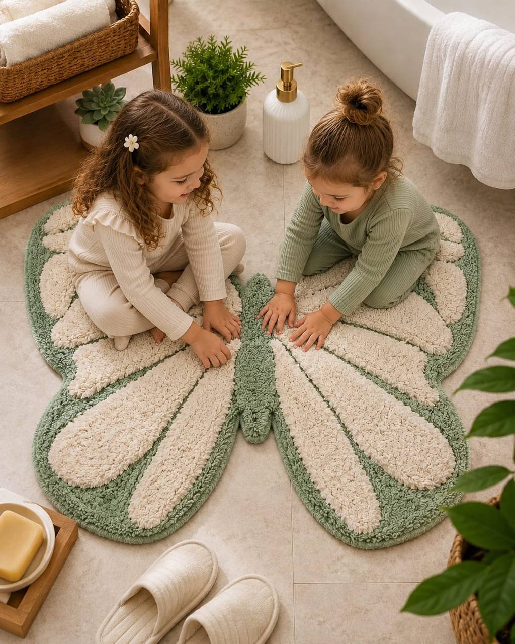 Two young girls playing together on tufted butterfly bathmat in bathroom setting